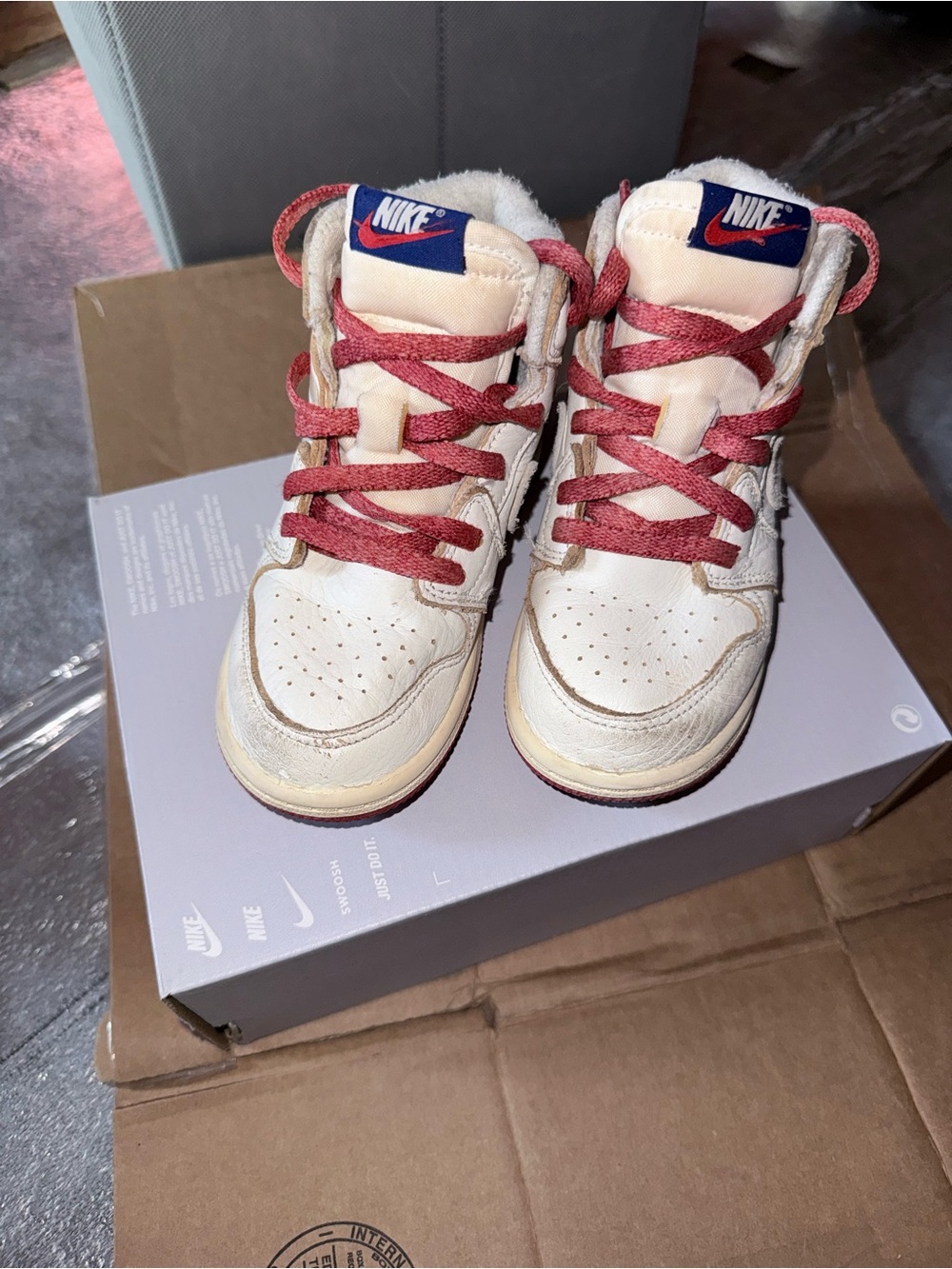 Jordan Kids Cream High-Top Sneakers with Red Laces